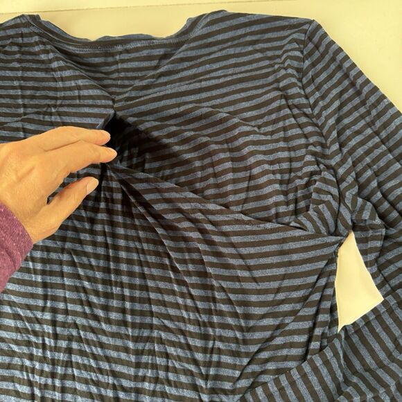 BCBG Maxazria Draped Back Top Size Large Blue & Black Striped Long Sleeve - Picture 7 of 11
